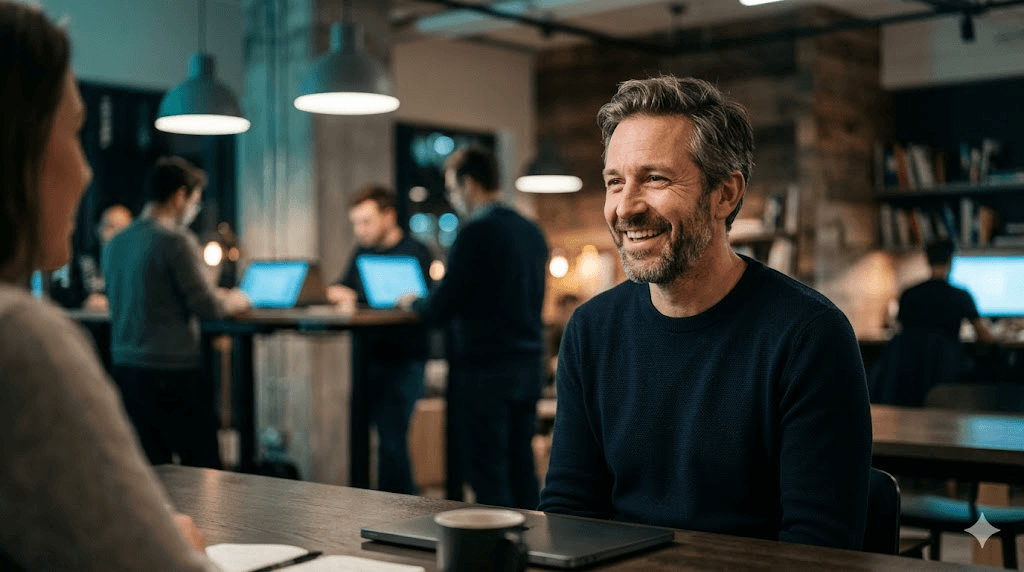Professional discussing career strategy in a modern workspace