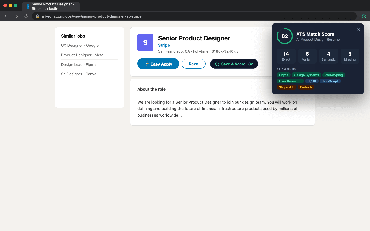 AICareerPivot Save and Score buttons injected into a job listing
