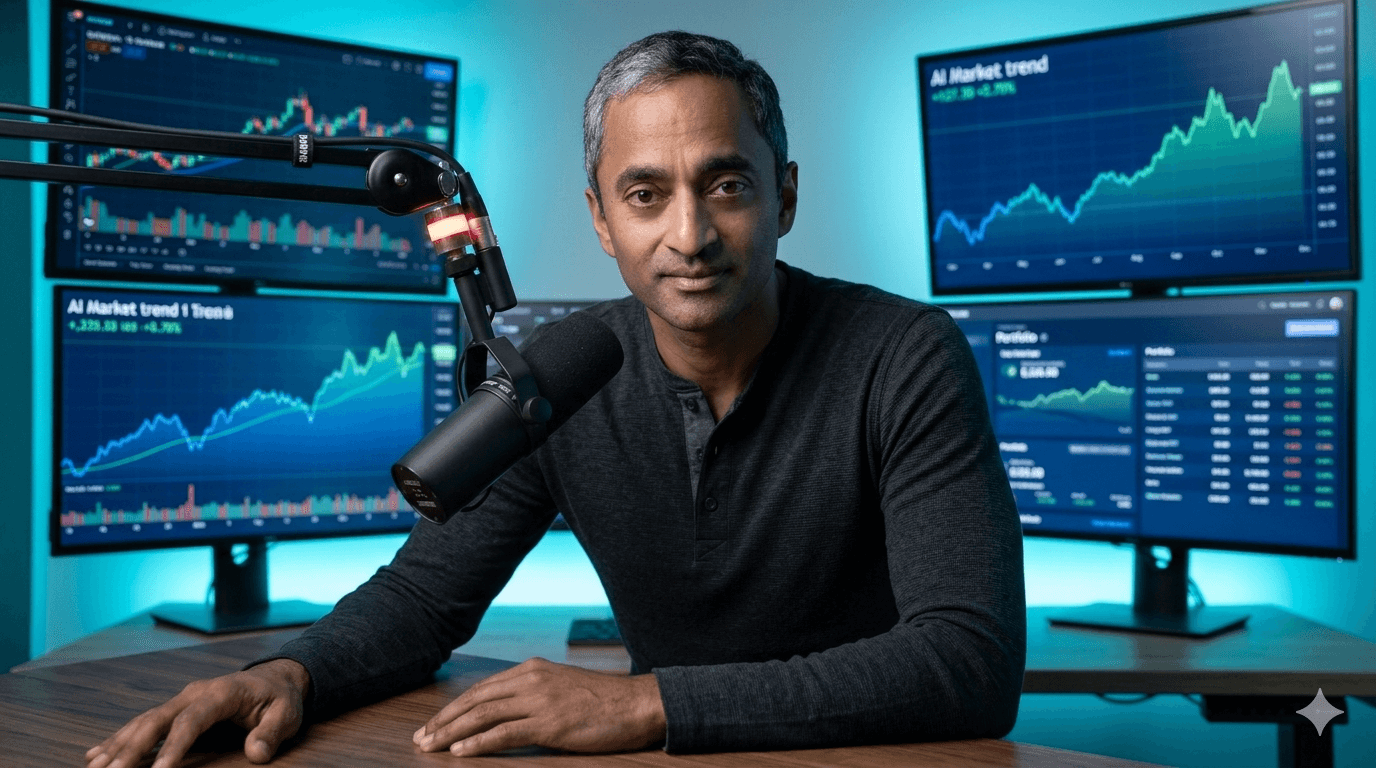 Venture capitalist in a modern podcast studio with neon blue lighting and market data monitors