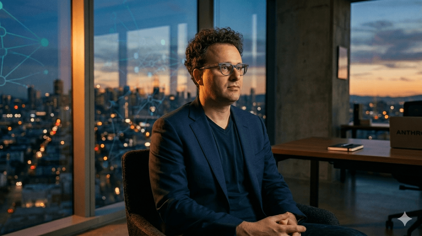 Thoughtful tech CEO in a modern office with dramatic side lighting and city skyline at dusk