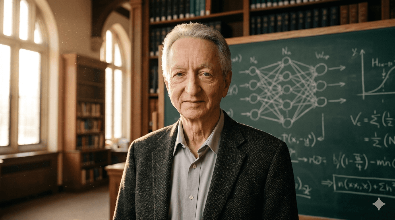 Distinguished professor in a university library with neural network diagrams on a chalkboard and golden hour light